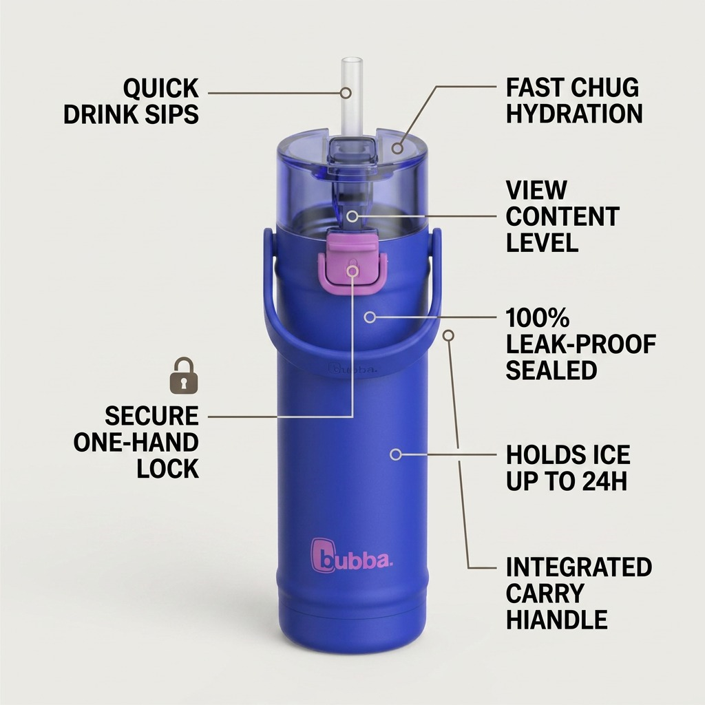 Blue insulated bubba bottle infographic detailing the DualSip, single-hand lock, and carry handle features.