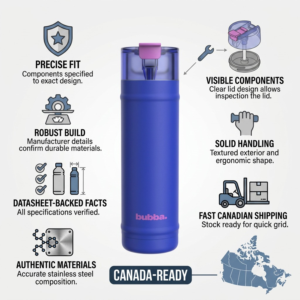 Infographic matrix showing a blue bubba water bottle with confidence symbols: stainless steel, leakproof, precise fit, Canadian flag, data-backed facts, and fast delivery, against a clean blue and gray background.