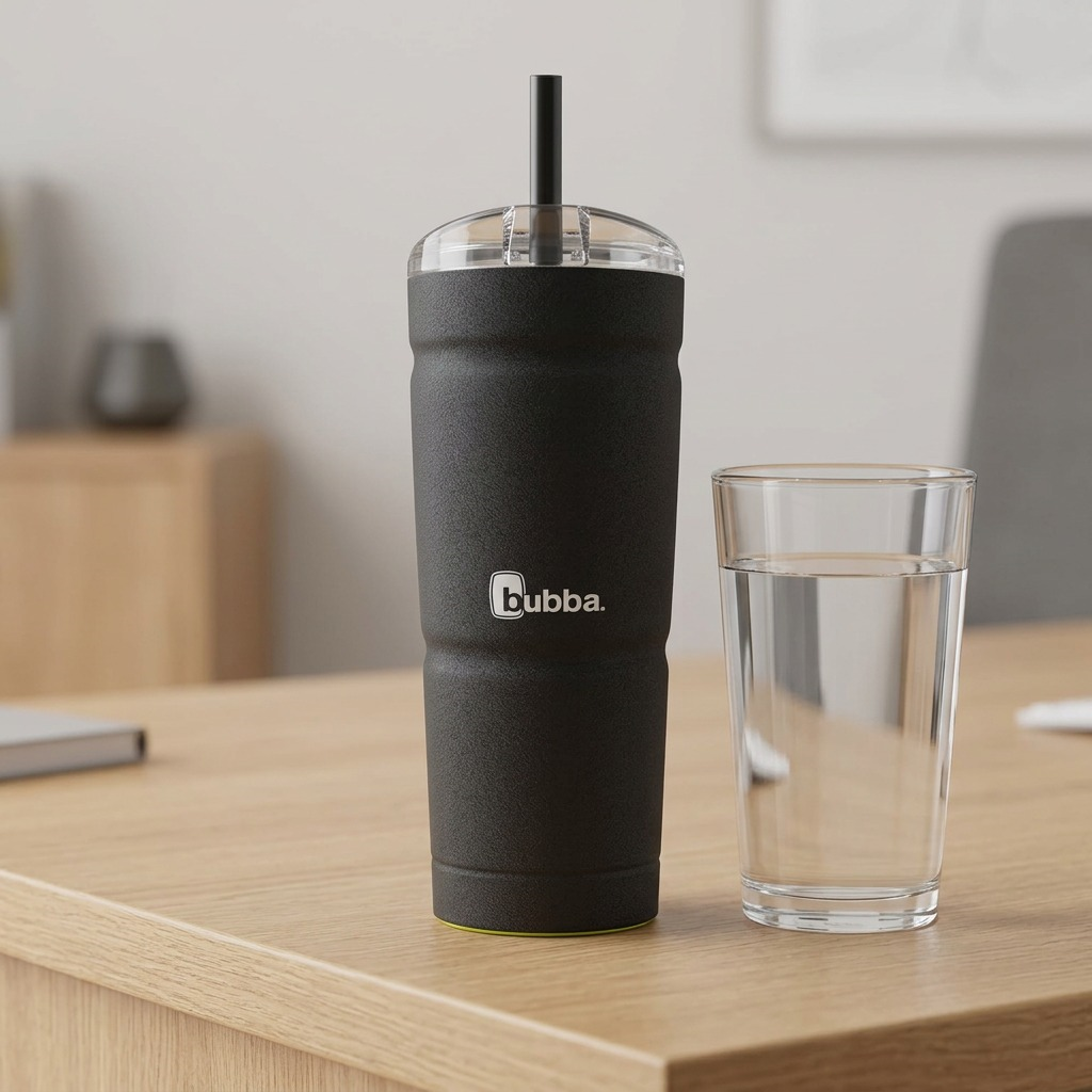 Scale reference: 24 oz bubba tumbler beside a standard pint glass on a desk.