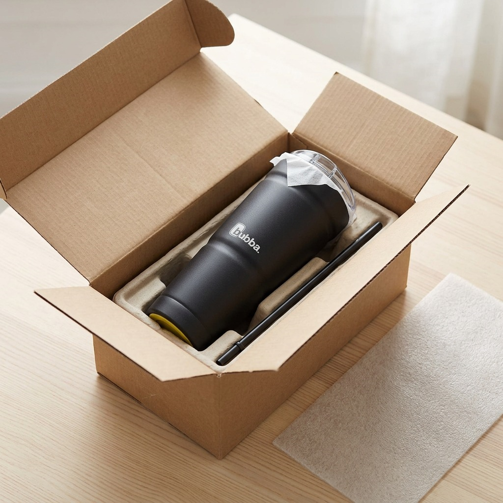 A pristine Bubba Envy S Tumbler being carefully unboxed from a premium protective cardboard package.