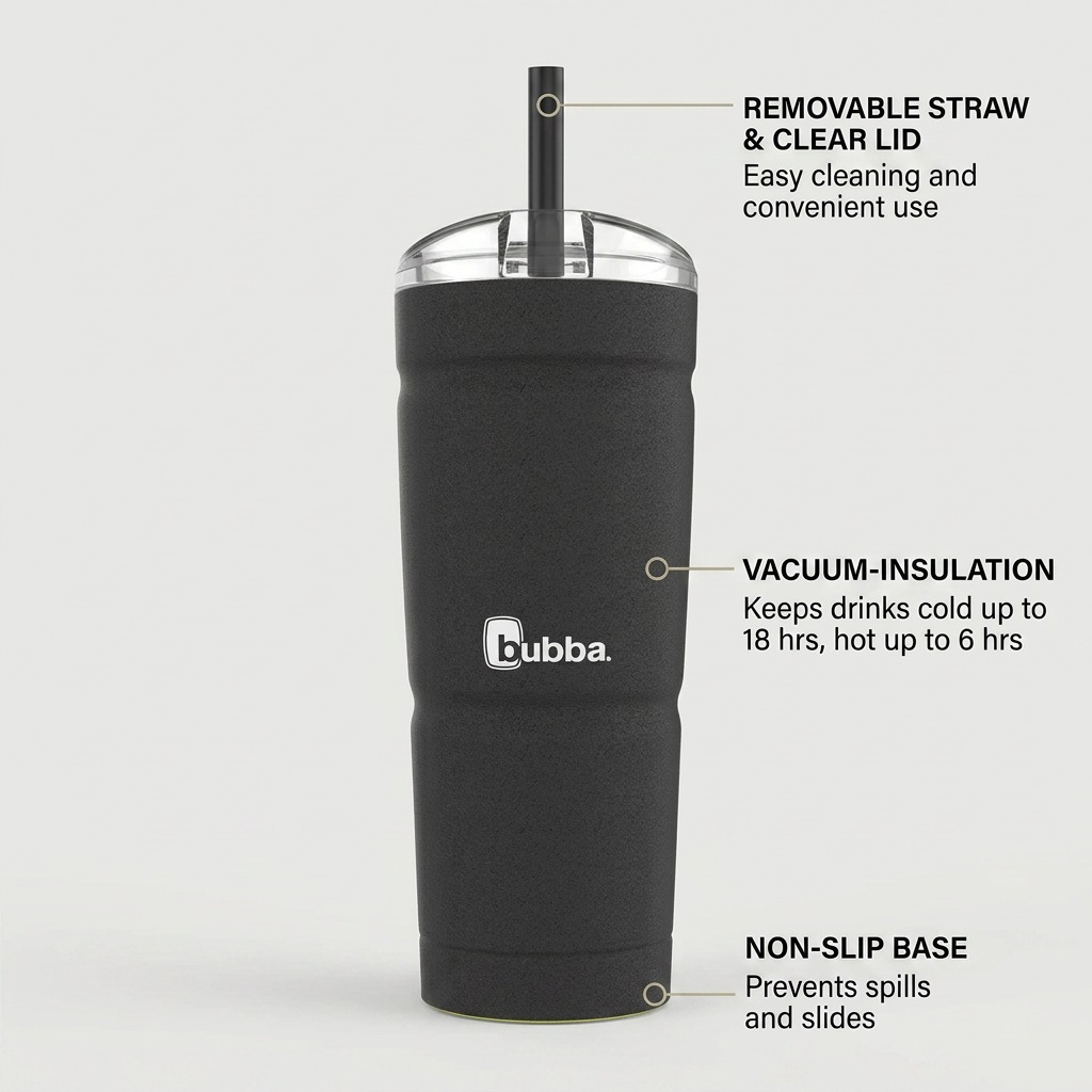 Feature graphic highlighting the bubba Envy S tumbler's insulation, lid type, and non-slip base.