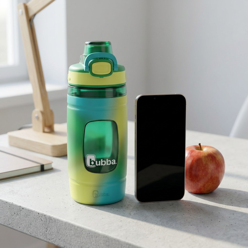 Scale reference for Bubba Flo Fresh Fern Tie-Dye bottle on a concrete desk beside an iPhone.
