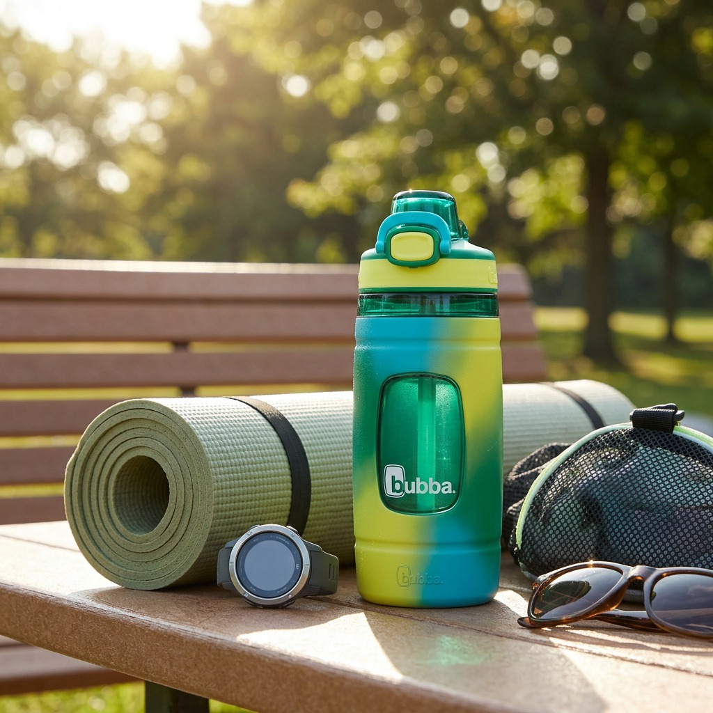 A photo of the bubba Flo Fresh bottle on a park bench with a gym bag and fitness mat.