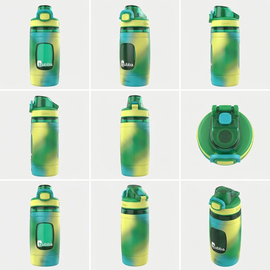 A multiple-view ecommerce image grid of the single green/blue tie-dye Bubba water bottle.