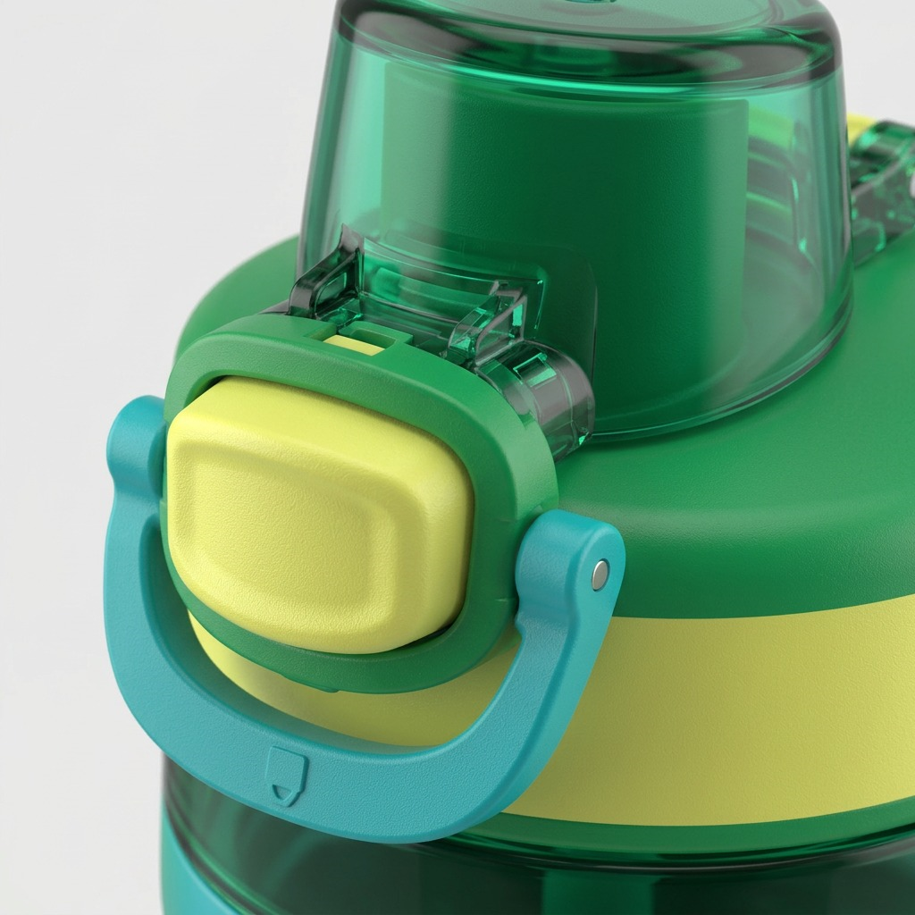 Extreme close-up of the Bubba Flo Fresh Fern water bottle lid mechanism, showing colors and lock.