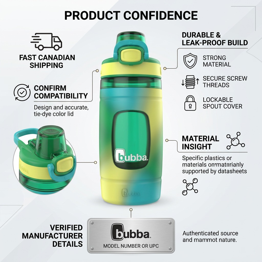 An infographic for the Bubba 16 oz Flo Fresh FernTie-Dye bottle with trust badges for fast Canadian shipping, material safety, leak-proof design, and authentic manufacturer data.
