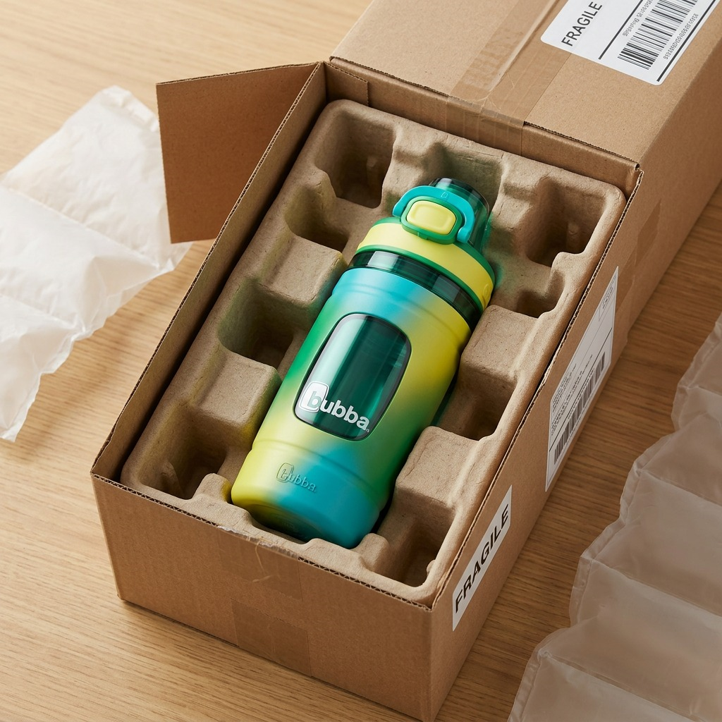 Bubba Flo Fresh bottle securely protected in a cardboard box with molded pulp inserts.
